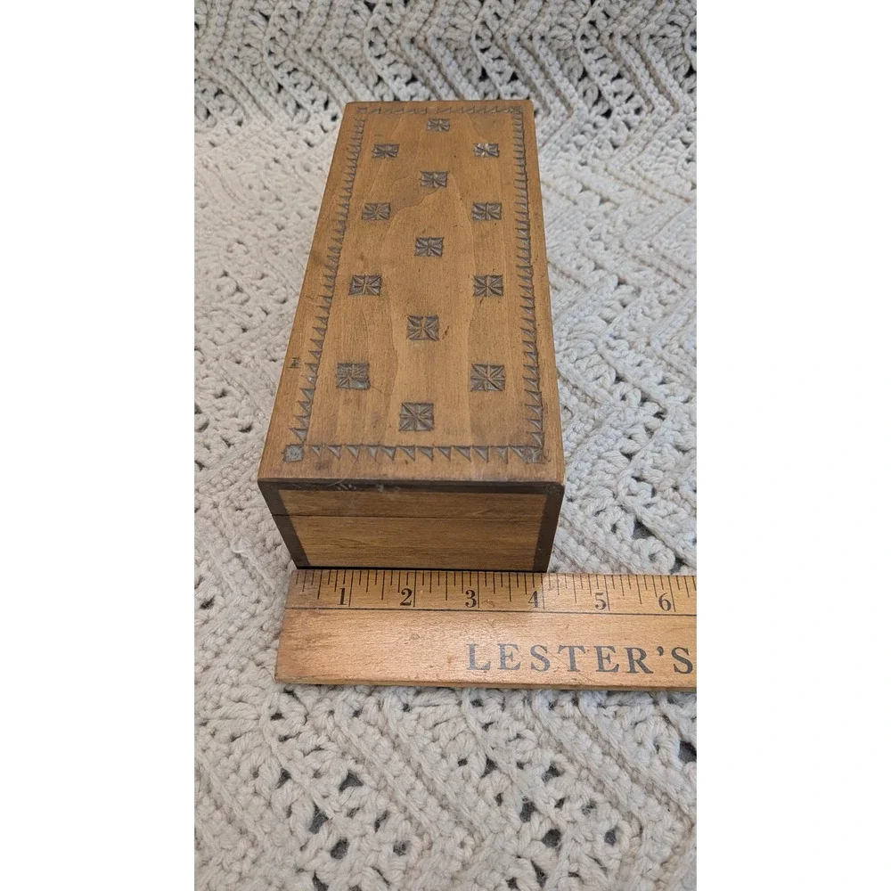 Vintage Hand Carved Wooden Trinket Jewelry Box Lined Rectangular Latch 9.5in